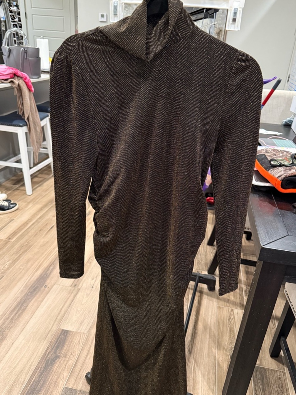 MATERNITY Women's Shimmer Long-Sleeve Turtleneck Dress in Dark Brown